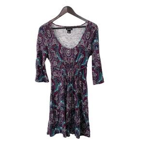 Lucky Brand Purple Blue Paisley Print Scoop Neck Long Sleeve Dress